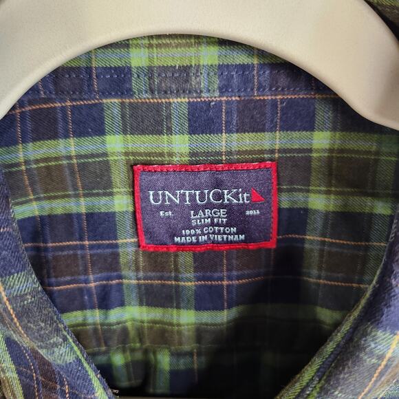 Untuckit Slim Fit Button Up Shirt Mens Size Large Green Blue Plaid Cotton - Picture 5 of 8